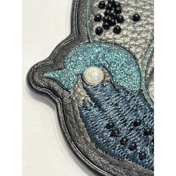 Coach Beaded Dark Teal Blue Bird Keychain Bag Charm Retro Keyfob 3.5" Glitter - Picture 4 of 13